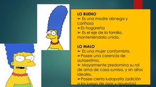 LO BUENO
➢ Es una madre abnega y
cariñosa
➢Es hogareña
➢ Es el eje de la familia,
manteniéndola unida.
LO MALO
➢ Es una mujer conformista.
➢Posee una carencia de
autoestima.
➢ Mayormente predomina su rol
de ama de casa sumisa, y sin altos
ideales.
➢Posee cierta ludopatía (adición
a los juego de azar y apuestas)
 
