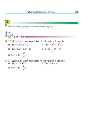 25. Побудова графіків функцій 133
?Опишіть план дослідження властивостей функції.
ВпраВи
25.1.
••
Дослідіть дану функцію та побудуйте її графік:
1) f (x) = 3x – x3
– 2; 4) f (x) = x3
– 3x2
+ 2;
2) f (x) = 2x3
– 3x2
+ 5; 5) f x x x( ) .= −
3
2
2 3
3) f x x
x
( ) ;= −3
3
9
25.2.
••
Дослідіть дану функцію та побудуйте її графік:
1) f (x) = x3
+ 3x2
; 3) f (x) = x – x3
.
2) f x x x( ) ;= −4
1
3
3
Право для безоплатного розміщення підручника в мережі Інтернет має
Міністерство освіти і науки України http://mon.gov.ua/ та Інститут модернізації змісту освіти https://imzo.gov.ua
 