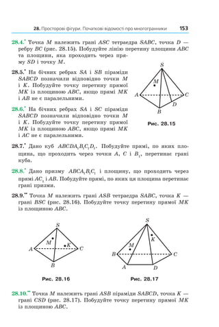 28. Просторові фігури. Початкові відомості про многогранники 153
28.4.
•
Точка M належить грані ASC тетраедра SABC, точка D —
ребру ВС (рис. 28.15). Побудуйте лінію перетину площини ABC
та площини, яка проходить через пря-
му SD і точку M.
28.5.
•
На бічних ребрах SA і SB піраміди
SABCD позначили відповідно точки M
і K. Побудуйте точку перетину прямої
MK із площиною ABC, якщо прямі MK
і AB не є паралельними.
28.6.
•
На бічних ребрах SA і SC піраміди
SABCD позначили відповідно точки M
і K. Побудуйте точку перетину прямої
MK із площиною ABC, якщо прямі MK
і AC не є паралельними.
28.7.
•
Дано куб ABCDA B C D1 1 1 1. Побудуйте прямі, по яких пло-
щина, що проходить через точки A, C і B1
, перетинає грані
куба.
28.8.
•
Дано призму ABCA B C1 1 1 і площину, що проходить через
прямі AC1
і AB. Побудуйте прямі, по яких ця площина перетинає
грані призми.
28.9.
••
Точка M належить грані ASB тетраедра SABC, точка K —
грані ВSС (рис. 28.16). Побудуйте точку перетину прямої MK
із площиною ABC.
A C
B
S
M K
A
CB
S
M
K
D
Рис. 28.16 Рис. 28.17
28.10.
••
Точка M належить грані ASB піраміди SABCD, точка K —
грані CSD (рис. 28.17). Побудуйте точку перетину прямої MK
із площиною ABC.
A C
B
M
D
S
Рис. 28.15
Право для безоплатного розміщення підручника в мережі Інтернет має
Міністерство освіти і науки України http://mon.gov.ua/ та Інститут модернізації змісту освіти https://imzo.gov.ua
 