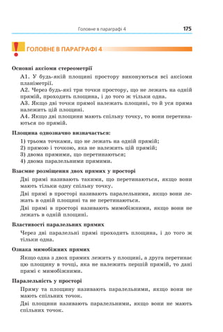 Головне в параграфі 4 175
! ГОлОВне В ПАрАГрАфі 4
Основні аксіоми стереометрії
А1. У будь-якій площині простору виконуються всі аксіоми
планіметрії.
А2. Через будь-які три точки простору, що не лежать на одній
прямій, проходить площина, і до того ж тільки одна.
А3. Якщо дві точки прямої належать площині, то й уся пряма
належить цій площині.
А4. Якщо дві площини мають спільну точку, то вони перетина-
ються по прямій.
Площина однозначно визначається:
1) трьома точками, що не лежать на одній прямій;
2) прямою і точкою, яка не належить цій прямій;
3) двома прямими, що перетинаються;
4) двома паралельними прямими.
Взаємне розміщення двох прямих у просторі
Дві прямі називають такими, що перетинаються, якщо вони
мають тільки одну спільну точку.
Дві прямі в просторі називають паралельними, якщо вони ле-
жать в одній площині та не перетинаються.
Дві прямі в просторі називають мимобіжними, якщо вони не
лежать в одній площині.
Властивості паралельних прямих
Через дві паралельні прямі проходить площина, і до того ж
тільки одна.
Ознака мимобіжних прямих
Якщо одна з двох прямих лежить у площині, а друга перетинає
цю площину в точці, яка не належить першій прямій, то дані
прямі є мимобіжними.
Паралельність у просторі
Пряму та площину називають паралельними, якщо вони не
мають спільних точок.
Дві площини називають паралельними, якщо вони не мають
спільних точок.
Право для безоплатного розміщення підручника в мережі Інтернет має
Міністерство освіти і науки України http://mon.gov.ua/ та Інститут модернізації змісту освіти https://imzo.gov.ua
 