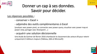 15.06.2016 4
Donner un cap à ses données.
Savoir pour décider.
Les réponses possibles :
- conserver « Excel »
- adjoindre des outils complémentaires à Excel
(analyser avec power pivot, se connecter avec power query, visualiser avec power map et
power view, partager avec Sharepoint …)
- acquérir une solution décisionnelle
Une étude de Gartner de février 2016 chamboule le classement des acteurs BI pour retenir
uniquement 3 éditeurs majeurs (Tableau, Qlik et Microsoft)
Jean Michel Bonfanti - +33 (0)6 12 05 54 42 – jm.bonfanti@jmk-line.com
 