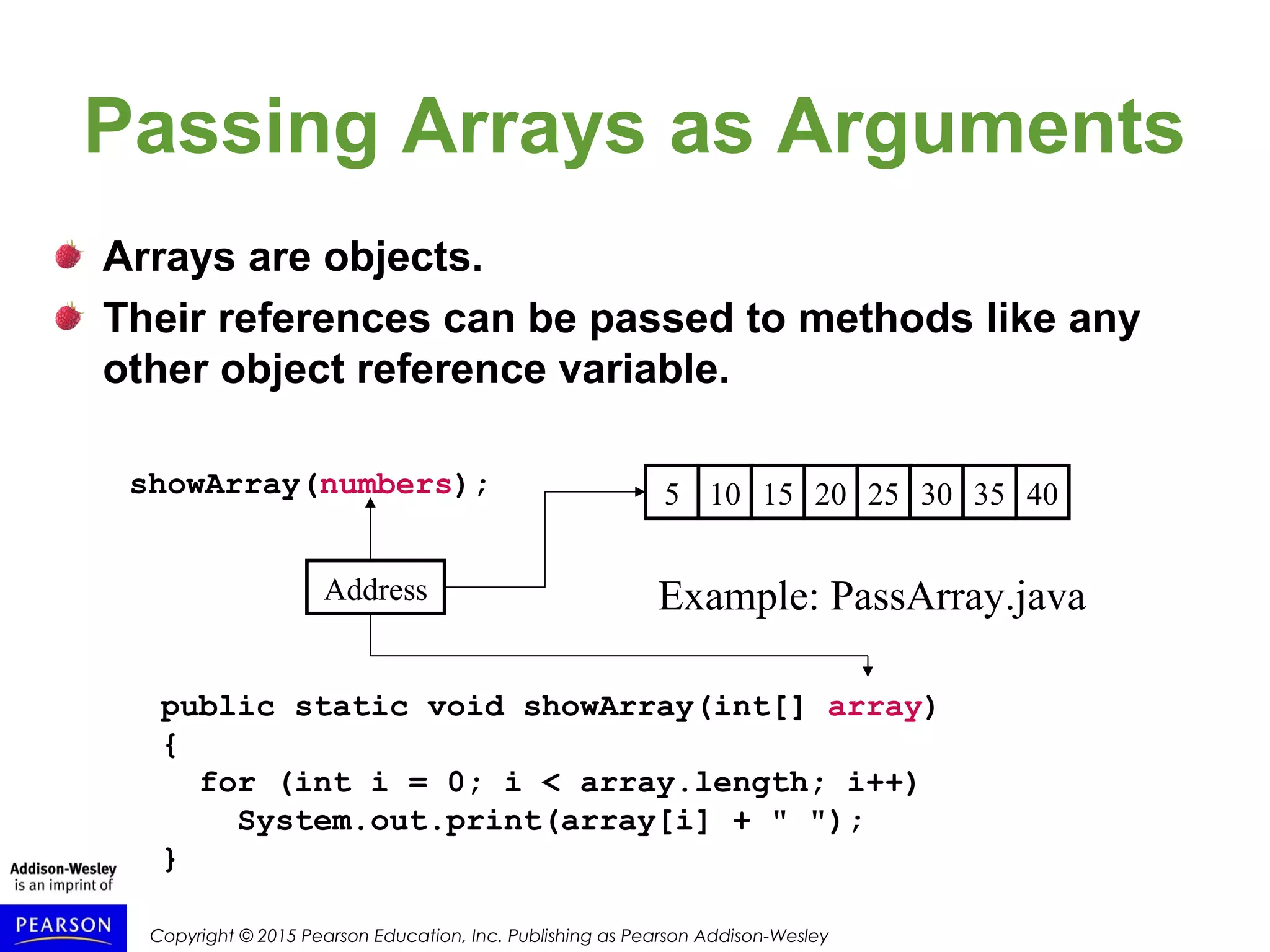 Copyright © 2015 Pearson Education, Inc. Publishing as Pearson Addison-Wesley
Passing Arrays as Arguments
Arrays are objects.
Their references can be passed to methods like any
other object reference variable.
5 10 15 20 25
Address
showArray(numbers); 30 35 40
public static void showArray(int[] array)
{
for (int i = 0; i < array.length; i++)
System.out.print(array[i] + " ");
}
Example: PassArray.java
 