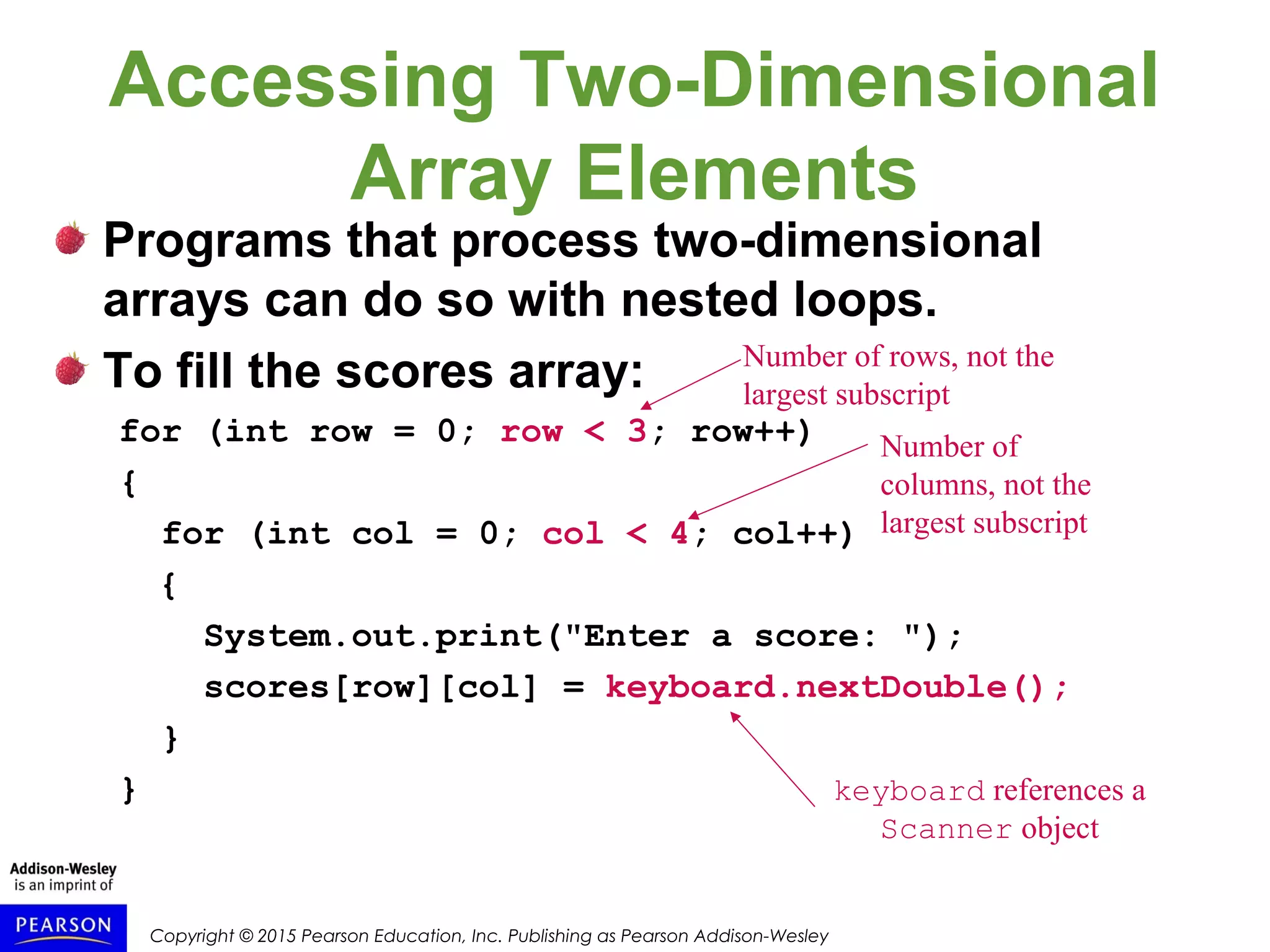 Copyright © 2015 Pearson Education, Inc. Publishing as Pearson Addison-Wesley
Accessing Two-Dimensional
Array Elements
Programs that process two-dimensional
arrays can do so with nested loops.
To fill the scores array:
for (int row = 0; row < 3; row++)
{
for (int col = 0; col < 4; col++)
{
System.out.print("Enter a score: ");
scores[row][col] = keyboard.nextDouble();
}
}
Number of rows, not the
largest subscript
Number of
columns, not the
largest subscript
keyboard references a
Scanner object
 