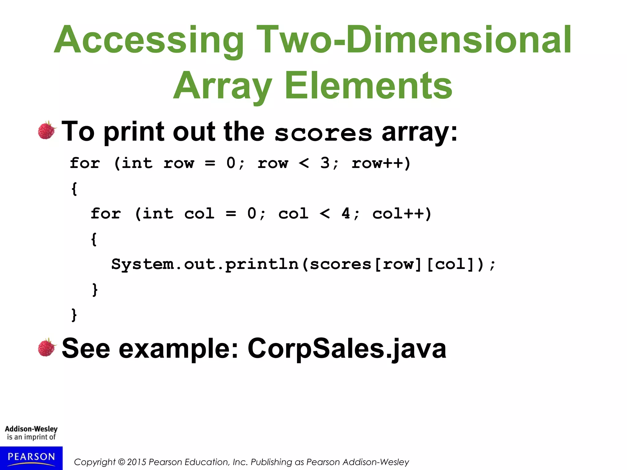 Copyright © 2015 Pearson Education, Inc. Publishing as Pearson Addison-Wesley
Accessing Two-Dimensional
Array Elements
To print out the scores array:
for (int row = 0; row < 3; row++)
{
for (int col = 0; col < 4; col++)
{
System.out.println(scores[row][col]);
}
}
See example: CorpSales.java
 