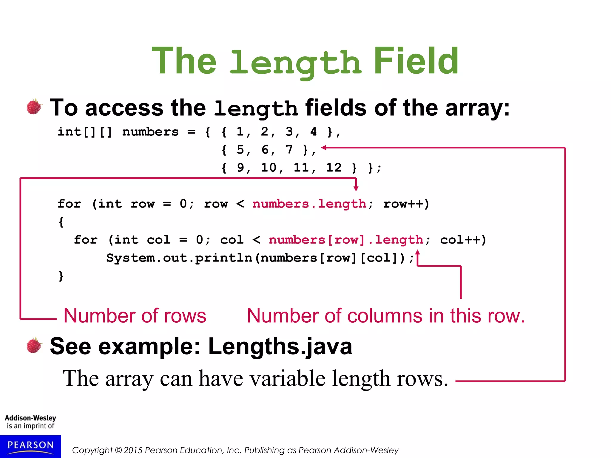 Copyright © 2015 Pearson Education, Inc. Publishing as Pearson Addison-Wesley
The length Field
To access the length fields of the array:
int[][] numbers = { { 1, 2, 3, 4 },
{ 5, 6, 7 },
{ 9, 10, 11, 12 } };
for (int row = 0; row < numbers.length; row++)
{
for (int col = 0; col < numbers[row].length; col++)
System.out.println(numbers[row][col]);
}
See example: Lengths.java
Number of rows Number of columns in this row.
The array can have variable length rows.
 