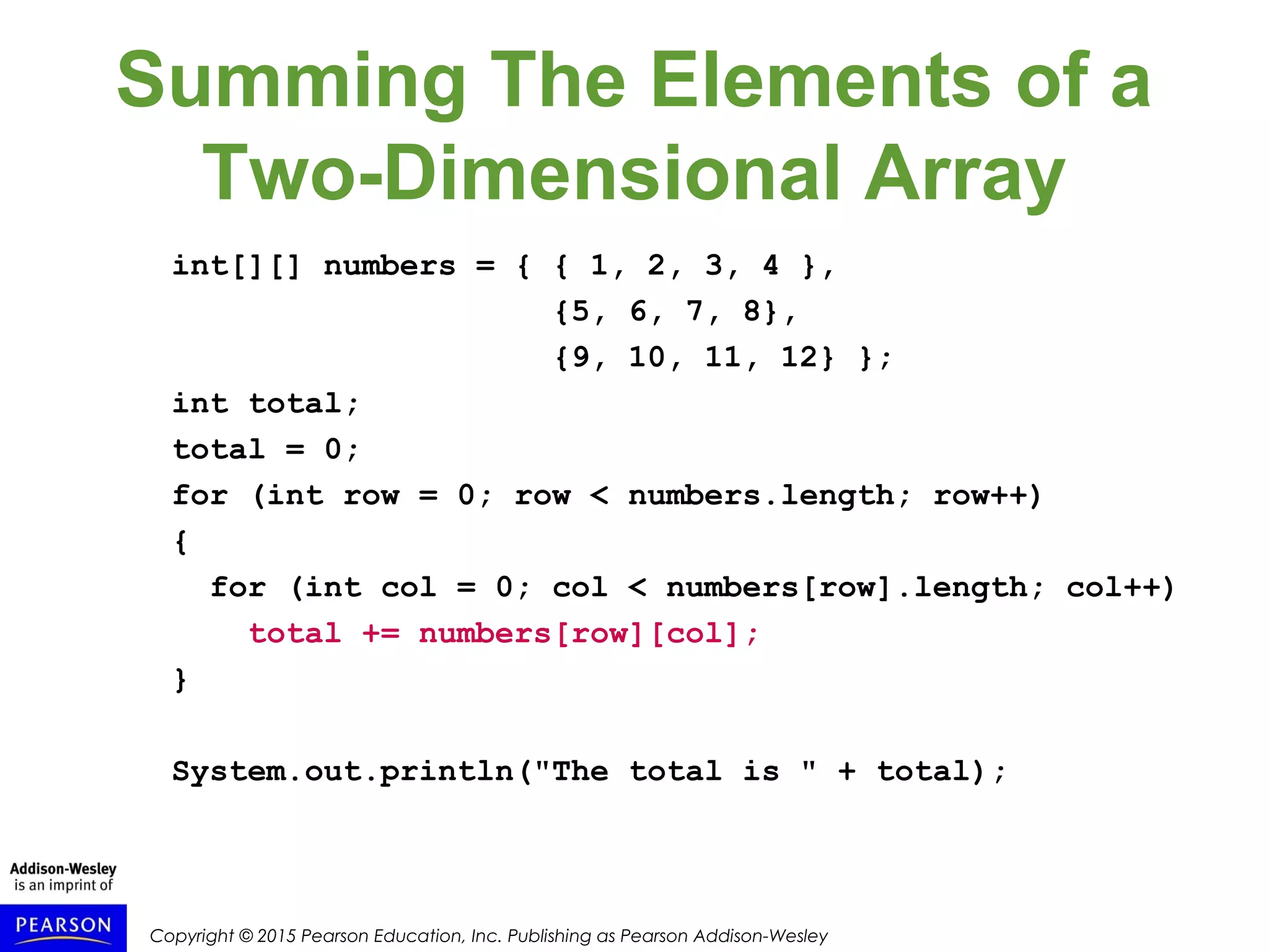 Copyright © 2015 Pearson Education, Inc. Publishing as Pearson Addison-Wesley
Summing The Elements of a
Two-Dimensional Array
int[][] numbers = { { 1, 2, 3, 4 },
{5, 6, 7, 8},
{9, 10, 11, 12} };
int total;
total = 0;
for (int row = 0; row < numbers.length; row++)
{
for (int col = 0; col < numbers[row].length; col++)
total += numbers[row][col];
}
System.out.println("The total is " + total);
 