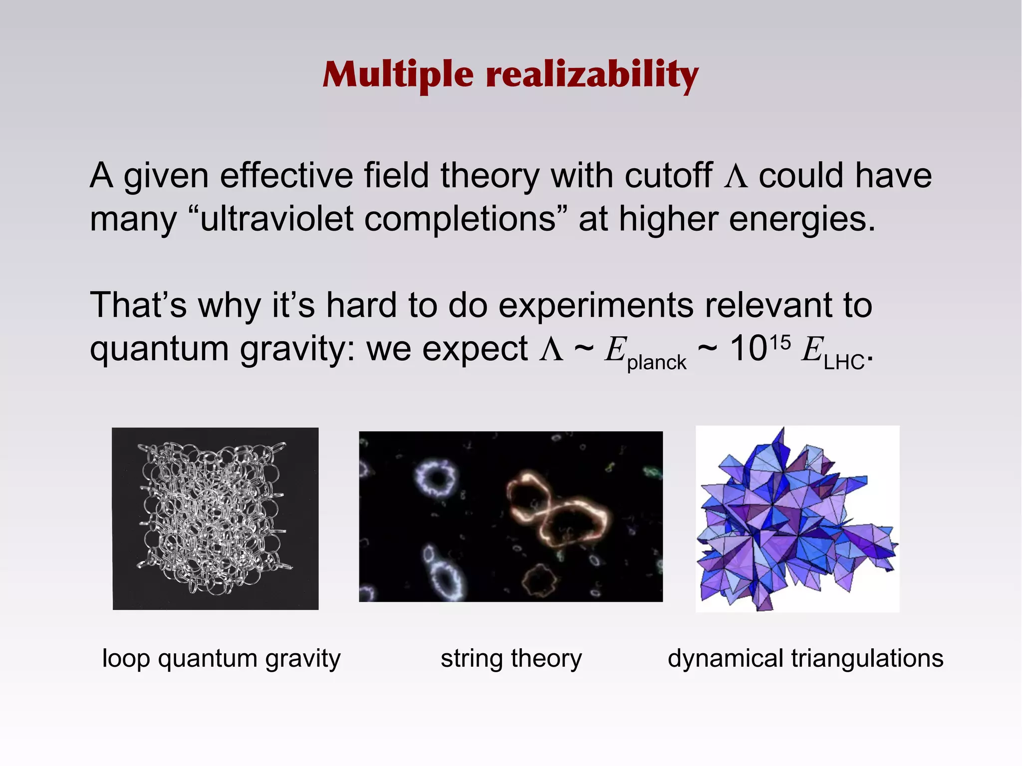 A given effective field theory with cutoff Λ could have
many “ultraviolet completions” at higher energies.
That’s why it’s hard to do experiments relevant to
quantum gravity: we expect Λ ~ Eplanck ~ 1015
ELHC.
Multiple realizability
loop quantum gravity string theory dynamical triangulations
 