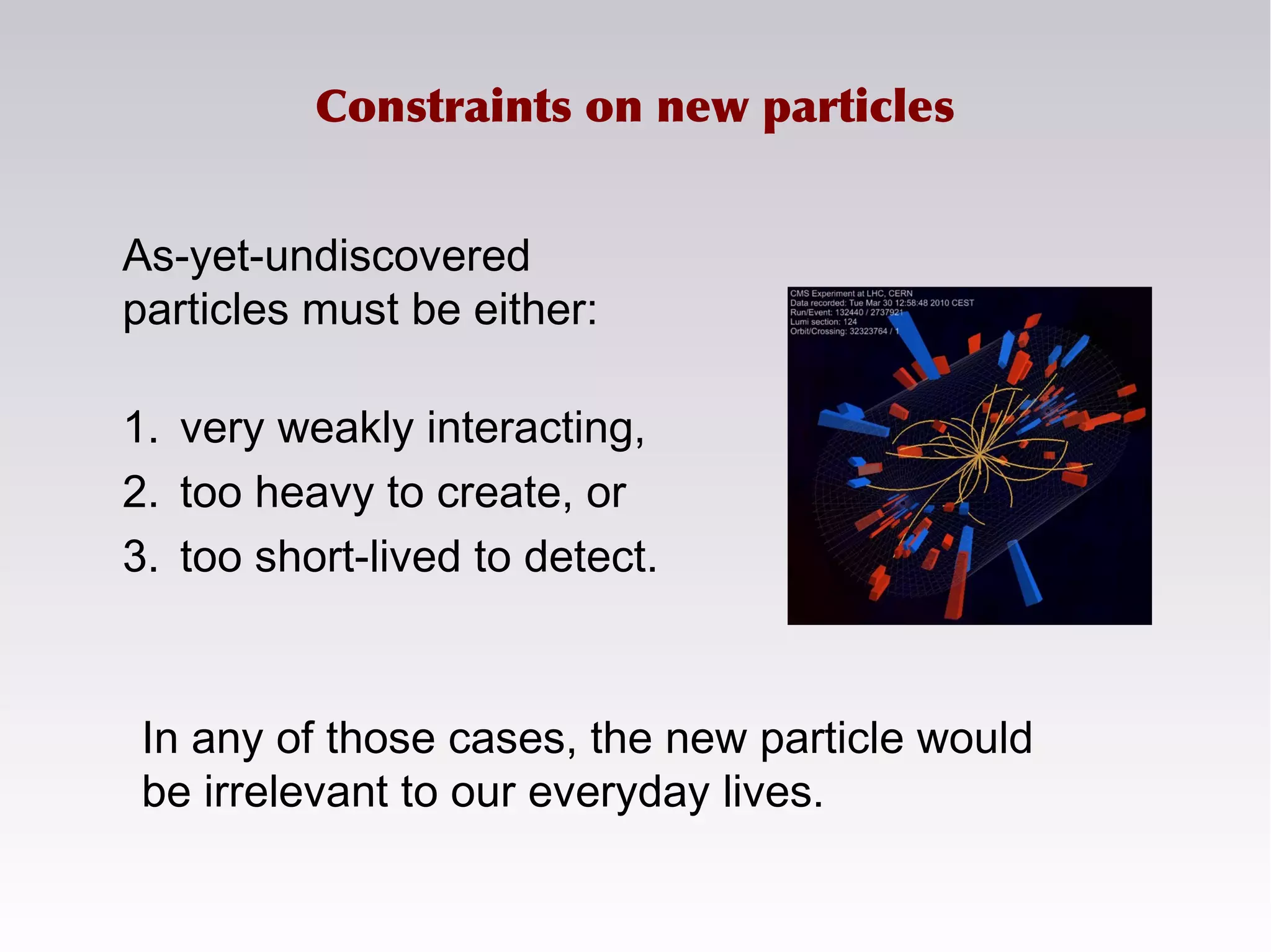 Constraints on new particles
As-yet-undiscovered
particles must be either:
1. very weakly interacting,
2. too heavy to create, or
3. too short-lived to detect.
In any of those cases, the new particle would
be irrelevant to our everyday lives.
 
