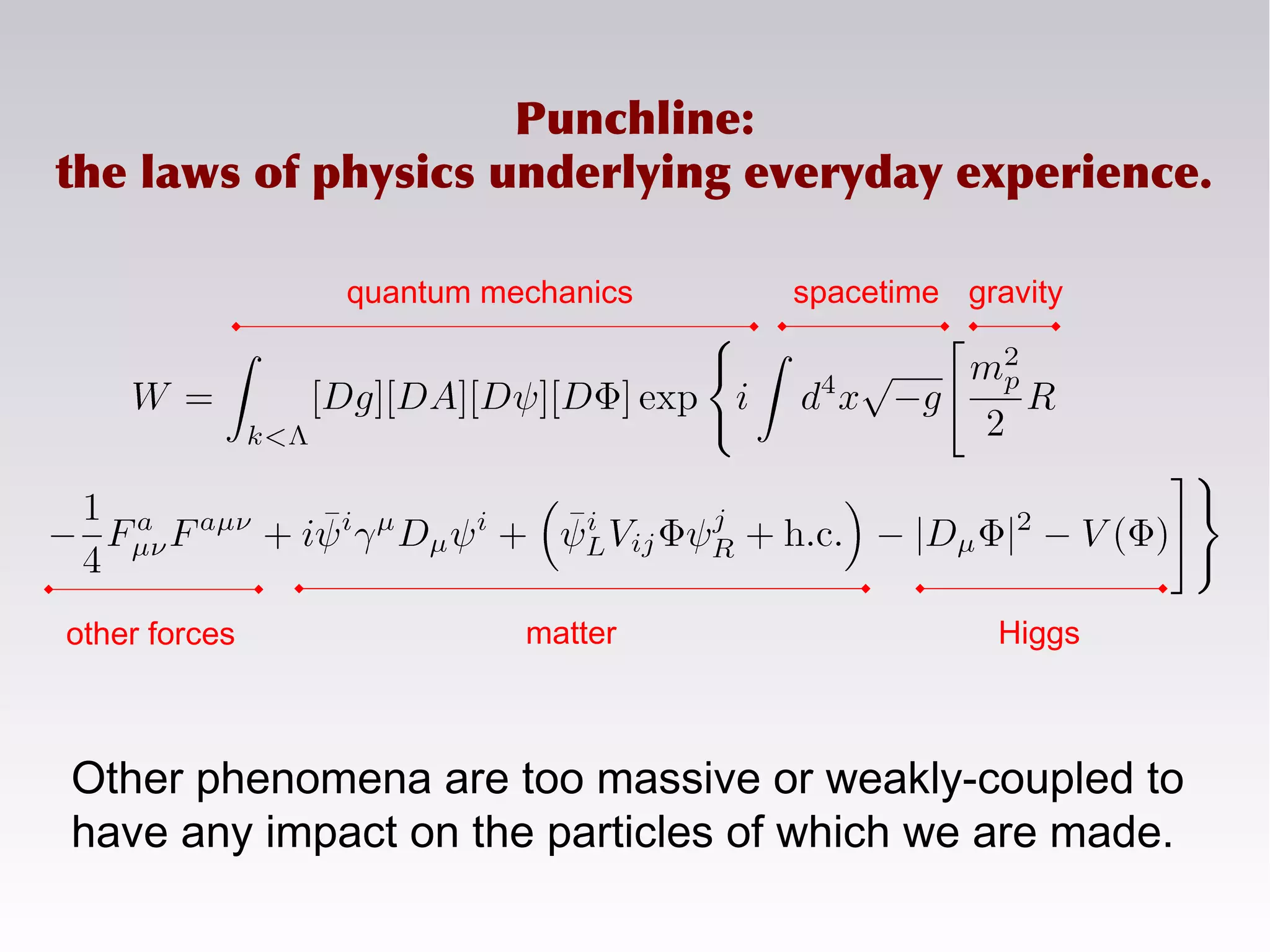 gravity
other forces matter Higgs
quantum mechanics spacetime
Punchline:
the laws of physics underlying everyday experience.
Other phenomena are too massive or weakly-coupled to
have any impact on the particles of which we are made.
 