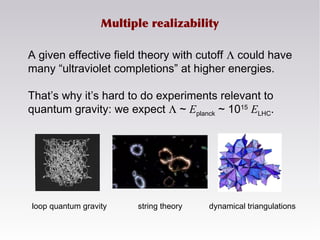 A given effective field theory with cutoff Λ could have
many “ultraviolet completions” at higher energies.
That’s why it’s hard to do experiments relevant to
quantum gravity: we expect Λ ~ Eplanck ~ 1015
ELHC.
Multiple realizability
loop quantum gravity string theory dynamical triangulations
 