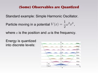 (Some) Observables are Quantized
Standard example: Simple Harmonic Oscillator.
Particle moving in a potential ,
where x is the position and ω is the frequency.
Energy is quantized
into discrete levels:
 