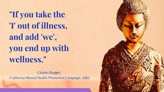 Charles Roppel
- California Mental Health Promotion Campaign, 1982
"If you take the
'I' out of illness,
and add 'we',
you end up with
wellness."
 