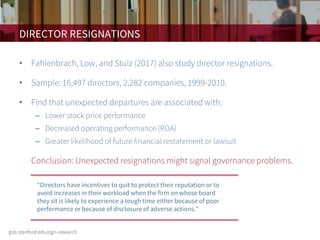 DIRECTOR RESIGNATIONS
• Fahlenbrach, Low, and Stulz (2017) also study director resignations.
• Sample: 16,497 directors, 2,282 companies, 1999-2010.
• Find that unexpected departures are associated with:
– Lower stock price performance
– Decreased operating performance (ROA)
– Greater likelihood of future financial restatement or lawsuit
• Conclusion: Unexpected resignations might signal governance problems.
“Directors have incentives to quit to protect their reputation or to
avoid increases in their workload when the firm on whose board
they sit is likely to experience a tough time either because of poor
performance or because of disclosure of adverse actions.”
 