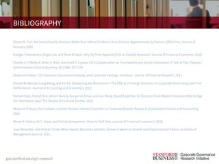 BIBLIOGRAPHY
Eliezer M. Fich. Are Some Outside Directors Better than Others? Evidence from Director Appointments by Fortune 1000 Firms. Journal of
Business. 2005.
Rüdiger Fahlenbrach, Angie Low, and René M. Stulz. Why Do Firms Appoint CEOs as Outside Directors? Journal of Financial Economics. 2010.
Charles A. O’Reilly III, Brian G. Main, and Graef S. Crystal. CEO Compensation as Tournament and Social Comparison: A Tale of Two Theories,”
Administrative Science Quarterly 33 (1988): 257–274.
Olubunmi Faleye. CEO Directors, Executive Incentives, and Corporate Strategic Initiatives. Journal of Financial Research. 2011.
Ronald W. Masulis, Cong Wang, and Fei Xie. Globalizing the Boardroom—The Effects of Foreign Directors on Corporate Governance and Firm
Performance. Journal of Accounting and Economics. 2012.
Nishant Dass, Omesh Kini, Vikram Nanda, Bunyamin Omal, and Jun Wang. Board Expertise: Do Directors from Related Industries Help Bridge
the Information Gap? The Review of Financial Studies. 2014.
Olubunmi Faleye, Rani Hoitash, and Udi Hoitash. Industry Expertise on Corporate Boards. Review of Quantitative Finance and Accounting.
2018.
Renée B. Adams, Ali C. Akyol, and Patrick Verwijmeren. Director Skill Sets. Journal of Financial Economics. 2018.
Juan Almandoz and András Tilcsik. When Experts Become Liabilities: Domain Experts on Boards and Organizational Failure. Academy of
Management Journal. 2016.
 