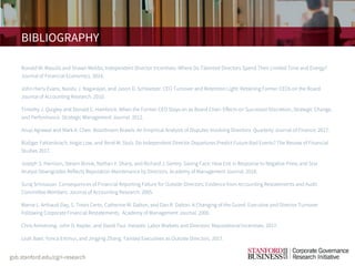 BIBLIOGRAPHY
Ronald W. Masulis and Shawn Mobbs. Independent Director Incentives: Where Do Talented Directors Spend Their Limited Time and Energy?
Journal of Financial Economics. 2014.
John Harry Evans, Nandu J. Nagarajan, and Jason D. Schloetzer. CEO Turnover and Retention Light: Retaining Former CEOs on the Board.
Journal of Accounting Research. 2010.
Timothy J. Quigley and Donald C. Hambrick. When the Former CEO Stays on as Board Chair: Effects on Successor Discretion, Strategic Change,
and Performance. Strategic Management Journal. 2012.
Anup Agrawal and Mark A. Chen. Boardroom Brawls: An Empirical Analysis of Disputes Involving Directors. Quarterly Journal of Finance. 2017.
Rüdiger Fahlenbrach, Angie Low, and René M. Stulz. Do Independent Director Departures Predict Future Bad Events? The Review of Financial
Studies 2017.
Joseph S. Harrison, Steven Boivie, Nathan Y. Sharp, and Richard J. Gentry. Saving Face: How Exit in Response to Negative Press and Star
Analyst Downgrades Reflects Reputation Maintenance by Directors. Academy of Management Journal. 2018.
Suraj Srinivasan. Consequences of Financial Reporting Failure for Outside Directors: Evidence from Accounting Restatements and Audit
Committee Members. Journal of Accounting Research. 2005.
Marne L. Arthaud-Day, S. Trevis Certo, Catherine M. Dalton, and Dan R. Dalton. A Changing of the Guard: Executive and Director Turnover
Following Corporate Financial Restatements. Academy of Management Journal. 2006.
Chris Armstrong, John D. Kepler, and David Tsui. Inelastic Labor Markets and Directors’ Reputational Incentives. 2017.
Leah Baer, Yonca Ertimur, and Jingjing Zhang. Tainted Executives as Outside Directors. 2017.
 