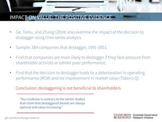 • Ge, Tanlu, and Zhang (2014) also examine the impact of the decision to
destagger using time-series analysis.
• Sample: 384 companies that destagger, 1991-2001.
• Find that companies are more likely to destagger if they face pressure from
shareholder activists or exhibit poor performance.
• Find that the decision to destagger leads to a deterioration in operating
performance (ROA) and no improvement in market value (Tobin’s Q).
• Conclusion: destaggering is not beneficial to shareholders.
IMPACT ON VALUE: THE POSITIVE EVIDENCE
“Our evidence is contrary to the earlier studies
that claim that destaggered boards are always
optimal and value-increasing.”
 