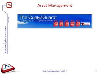 www.rac.cz
RiskAnalysisConsultants
V060420
Asset Management
RAC QualysGuard InfoDay 2013 1
 