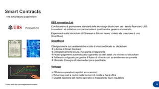The SmartBond experiment
Smart Contracts
UBS Innovation Lab
Con l’obiettivo di promuovere standard della tecnologia blockchain per i servizi finanziari, UBS
Innovation Lab collabora con partner esterni quali banche, governi e università.
Esperimenti sulla blockchain di Ethereum e Bitcoin hanno portato alla creazione di uno
SmartBond
10
SmartBond
Obbligazione le cui caratteristiche e ciclo di vita è codificato su blockchain:
In forma di Smart Contract,
Crittograficamente sicura, ma aperta e trasparente
Flusso pagamenti automatizzato e garantito da altri asset che vivono su blockchain
Software configurato per gestire il flusso di informazioni tra emittente e acquirente
Eliminato il bisogno di intermediari pre e post-trade
Vantaggi
 Efficienza operativa (rapidità, accuratezza)
 Riduzione costi e rischio nelle funzioni di middle e back office
 Qualità: Gestione del rischio operativo e trasparenza con i regulators
Fonte: www.ubs.com/magazines/innovation
 