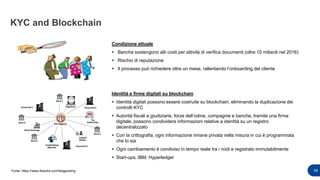 KYC and Blockchain
13
Condizione attuale
 Banche sostengono alti costi per attività di verifica documenti (oltre 10 miliardi nel 2016)
 Rischio di reputazione
 Il processo può richiedere oltre un mese, rallentando l’onboarding del cliente
Identità e firme digitali su blockchain
 Identità digitali possono essere costruite su blockchain, eliminando la duplicazione dei
controlli KYC
 Autorità fiscali e giudiziarie, forze dell’odine, compagnie e banche, tramite una firma
digitale, possono condividere informazioni relative a identità su un registro
decentralizzato
 Con la crittografia, ogni informazione rimane privata nella misura in cui è programmata
che lo sia
 Ogni cambiamento è condiviso in tempo reale tra i nodi e registrato immutabilmente
 Start-ups; IBM; Hyperledger
Fonte: https://www.finextra.com/blogposting
 