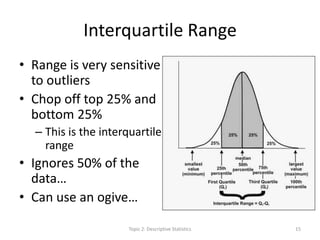 Interquartile Range
• Range is very sensitive
to outliers
• Chop off top 25% and
bottom 25%
– This is the interquartile
range
• Ignores 50% of the
data…
• Can use an ogive…
Topic 2: Descriptive Statistics 15
 