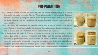 Día 3. Para el tercer día las burbujas se han de haber intensificado y el olor a
fermento es cada vez más fuerte. Toca alimentarla. o refrescarla. Primero
descarta la mitad y después añade otros 50 gramos de harina y 50 gramos
de agua. Marca con un rotulador para que después veas el progreso de tu
masa madre.
Día 4. De ahora en adelante los demás pasos van a ser el mismo que el día
tres. Descarta la mitad, añade 50 gramos de cada uno de los ingredientes y
haz la marca con un rotulador. Verás como crece de rápido.
Día 5. Repetimos el paso 3. Vuelve a hacer la marca con el rotulador y deja
hasta que más o menos fermente del todo, por lo menos doblará de
volumen y puede que esto ocurra antes de pasar 24 horas. Una vez que la
masa ha empezado a levantar ya no es necesario que la harina añadida sea
integral, puedes añadirla blanca para acabar teniendo una masa madre
blanca, que os permitirá preparar panes tanto blancos como integrales.
PREPARACIÓN
20
 