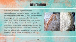 BENEFICIOS
26
Las ventajas de una Biga fermentada
apropiadamente son: mejor sabor y mayor vida
del producto en el estante. La Biga también es una
buena opción en la masa con alta hidratación.
Parte de la calidad de aromas y sabores del pan
elaborado con biga se debe también a que la
adición de levadura es muy pequeña, afirman los
expertos panaderos que para hacer un buen pan
hay que utilizar la levadura justa y necesaria, así
permitirá que el cereal exprese todas sus
características.
 