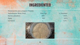 INGREDIENTES
30
Formulación para preparar Poolish
Ingredientes Masa Final Peso (gr) % Panadero
Harina panadera 500 100%
Agua 500 100%
Levadura 1 0,1%
 