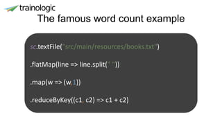 The famous word count example
sc.textFile("src/main/resources/books.txt")
.flatMap(line => line.split(" "))
.map(w => (w,1))
.reduceByKey((c1, c2) => c1 + c2)
 