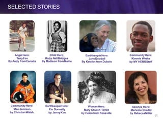 AngelHero:
TerryFox
By Andy fromCanada
Child Hero:
Ruby NellBridges
By Madison fromMaine
EarthkeeperHero:
JaneGoodall
By Katelyn fromDubois
CommunityHero:
Kimmie Weeks
by MY HEROStaff
CommunityHero:
Mae Jemison
by ChristianWalsh
EarthkeeperHero:
Fin Donnelly
by JennyKim
WomanHero:
Mary Church Terrell
by Helen fromRoseville
Science Hero:
Merieme Chadid
by RebeccaMiller
SELECTED STORIES
11
 