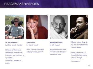 PEACEMAKER HEROES
Dr. Jeni Stepanek
by Slater Jewell- Kemker
15
Slater Jewell-Kemker an
ambassador for Muscular
Dystrophy who continues to
spread her
son Mattie’s message of
peace.
Kathy Eldon
by Wendy Jewell
Kathy Eldon is a journalist,
author, producer, activist.
Mohandas Gandhi
by Jeff Trussell
Mohandas Gandhi used
nonviolence to free India
from British Rule.
Martin Luther King, Jr.
by Nick Campbell from
Juneau, Alaska
Matin Luther King, Jr.
brought transformative
change through
nonviolence.
 