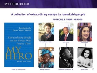 MY HEROBOOK
Erin Gruwell
Anne Frank
Frances Moore Lappe
Wangari Maathai
John Lewis
Dr. Martin Luther King, Jr.
A collection of extraordinary essays by remarkablepeople
AUTHORS & THEIR HEROES
Edited By Karen Pritzker 16
 