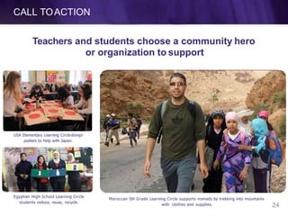CALL TOACTION
USA Elementary Learning Circledesign
posters to help with Japan.
Egyptian High School Learning Circle
students reduce, reuse, recycle.
Moroccan 5th Grade Learning Circle supports nomads by trekking into mountains
with clothes and supplies.
Teachers and students choose a community hero
or organization to support
24
 
