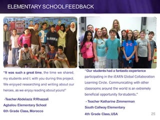 ELEMENTARY SCHOOLFEEDBACK
“It was such a great time, the time we shared,
my students and I, with you during this project.
We enjoyed researching and writing about our
heroes, as we enjoy reading about yours!”
254th Grade Class,USA
-TeacherAbdelaziz RRhazzali
Agbalou Elementary School
6th Grade Class,Morocco
“Our students had a fantastic experience
participating in the iEARN Global Collaboration
Learning Circle. Communicating with other
classrooms around the world is an extremely
beneficial opportunity forstudents.”
- Teacher Katharine Zimmerman
South Callway Elementary
 