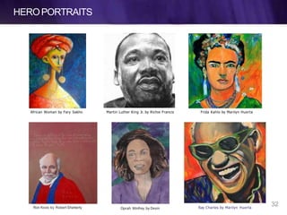 HEROPORTRAITS
Ray Charles by Marilyn Huerta
Frida Kahlo by Marilyn HuertaAfrican Woman by Fary Sakho
Ron Kovic by Robert Shetterly
Martin Luther King Jr. by Richie Francis
Oprah Winfrey by Devin
32
 