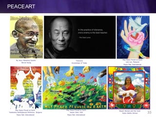 PEACEART
My Hero: Mahatma Gandhi
Bernie Yeung
Nepali Woman and Her Goat
Robin Wethe Altman
May Peace Prevail on Earth
Lynz Lee, Malaysia
Peace Pals International
Tolerance
Knowledge of Today
May Peace Prevail on Earth
James Chen, USA
Peace Pals International
May Peace Prevail on Earth
Tsvetomira Ventsislavova Dimitrova, Bulgaria
Peace Pals International
33
 