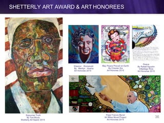 SHETTERLY ART AWARD & ART HONOREES
Sojourner Truth
By Tom Block
Shetterly Art Award 2015
Eleanor Roosevelt
By Marilyn Huerta
Art Honoree 2015
May Peace Prevail on Earth
By Chester Sia
Art Honoree 2015
Peace
By Rafael Agustin
Villadiego Ríos
Art Honoree 2015
Pope Francis Mural
Art Miles Mural Project
Art Honoree 2015
36
 