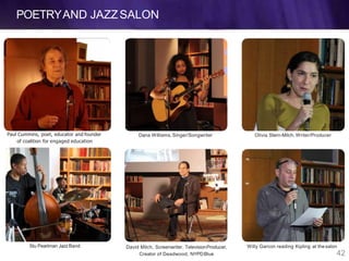 Dana Williams, Singer/Songwriter
David Milch, Screenwriter, TelevisionProducer,
Creator of Deadwood, NYPDBlue
Stu Pearlman JazzBand
Olivia Stern-Milch, Writer/ProducerPaul Cummins, poet, educator and founder
of coalition for engaged education
POETRYAND JAZZSALON
Willy Garcon reading Kipling at thesalon
42
 