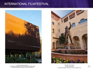 INTERNATIONAL FILMFESTIVAL
Ray Stark Family Theater
George LucasBuilding
University of Southern California, School of Cinematic Arts
Ann and Jerry Moss Theater
The Capshaw-Spielberg Center for Arts and Educational Justice
Herb Alpert Educational Village, Santa Monica,California
53
 