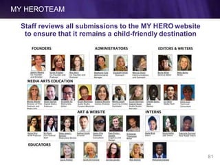 MY HEROTEAM
Staff reviews all submissions to the MY HERO website
to ensure that it remains a child-friendly destination
Outreach
8811
 