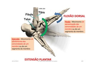 10/12/2015 Dr. José Heitor Machado Fernandes 109
FLEXÃO DORSAL
EXTENSÃO PLANTAR
Flexão - Movimento de
aproximação das
extremidades de um
membro ou de um
segmento do membro.
Extensão - Movimento de
afastamento das
extremidades de um
membro ou de um
segmento do membro
 