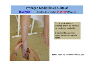 Pronação Mediotársica-Subtalar
(Eversão) Amplitude articular: 0°-15/30° (Magee)
Ocorre entre o tálus e o
calcâneo, o tálus e o navicular
e o calcâneo e o cubóide.
O movimento ocorre nos
planos transversal, sagital e
frontal.
Fonte: Profa. Dra. Sílvia Maria Amado João
 