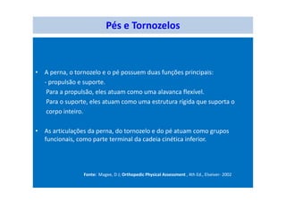Pés e Tornozelos
• A perna, o tornozelo e o pé possuem duas funções principais:
- propulsão e suporte.
Para a propulsão, eles atuam como uma alavanca flexível.
Para o suporte, eles atuam como uma estrutura rígida que suporta o
corpo inteiro.
• As articulações da perna, do tornozelo e do pé atuam como grupos
funcionais, como parte terminal da cadeia cinética inferior.
Fonte: Magee, D J; Orthopedic Physical Assessment , 4th Ed., Elseiver- 2002
 
