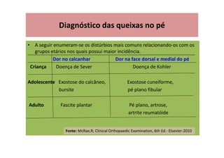 Diagnóstico das queixas no pé
• A seguir enumeram-se os distúrbios mais comuns relacionando-os com os
grupos etários nos quais possui maior incidência.
Dor no calcanhar Dor na face dorsal e medial do pé
Criança Doença de Sever Doença de Kohler
Adolescente Exostose do calcâneo, Exostose cuneiforme,
bursite pé plano fibular
Adulto Fascite plantar Pé plano, artrose,
artrite reumatóide
Fonte: McRae,R; Clinical Orthopaedic Examination, 6th Ed.- Elsevier-2010
 