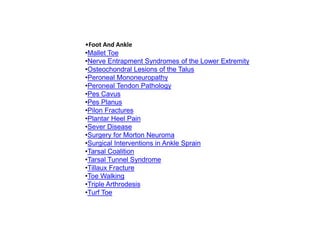 •Foot And Ankle
•Mallet Toe
•Nerve Entrapment Syndromes of the Lower Extremity
•Osteochondral Lesions of the Talus
•Peroneal Mononeuropathy
•Peroneal Tendon Pathology
•Pes Cavus
•Pes Planus
•Pilon Fractures
•Plantar Heel Pain
•Sever Disease
•Surgery for Morton Neuroma
•Surgical Interventions in Ankle Sprain
•Tarsal Coalition
•Tarsal Tunnel Syndrome
•Tillaux Fracture
•Toe Walking
•Triple Arthrodesis
•Turf Toe
 