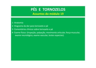 1- Anatomia
2- Diagrama da dor para tornozelo e pé
3- Comentários clínicos sobre tornozelo e pé
4- Exame físico: (Inspeção, palpação, movimento articular, força muscular,
exame neurológico, exame vascular, testes especiais)
PÉS E TORNOZELOS
Assuntos do módulo 19
 