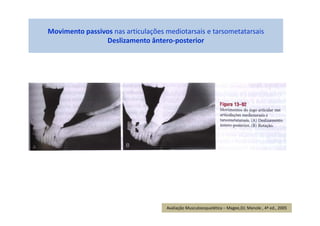 Movimento passivos nas articulações mediotarsais e tarsometatarsais
Deslizamento ântero-posterior
Avaliação Musculoesquelética – Magee,DJ; Manole , 4ª ed., 2005
 