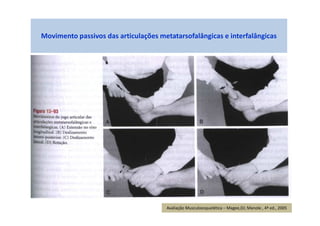Movimento passivos das articulações metatarsofalângicas e interfalângicas
Avaliação Musculoesquelética – Magee,DJ; Manole , 4ª ed., 2005
 