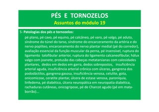 5- Patologias dos pés e tornozelos:
pé plano, pé cavo, pé equino, pé calcâneo, pé varo, pé valgo, pé aduto,
síndrome do túnel do tarso, síndrome do encarceramento da artéria e do
nervo poplíteo, encarceramento do nervo plantar medial (pé do corredor),
avaliação essencial da função muscular da perna, pé insensível, ruptura do
ligamento talofibular anterior, ruptura do ligamento calcaneofibular, hálux
valgo com joanete, protusão das cabeças metatarsianas com calosidades
plantares, dedos em dedos em garra, dedos sobrepostos, insuficiência
arterial aguda, insuficiência arterial crônica com úlceras, gangrena dos
pododáctilos, gangrena gasosa, insuficiência venosa, celulite, gota,
onicomicose, ceratite plantar, úlcera de estase venosa, paroníquia,
linfedema, pé diabético, úlcera neuropática em neuropatia diabética,
rachaduras cutâneas, onicogripose, pé de Charcot agudo (pé em mata-
borrão)...
PÉS E TORNOZELOS
Assuntos do módulo 19
 
