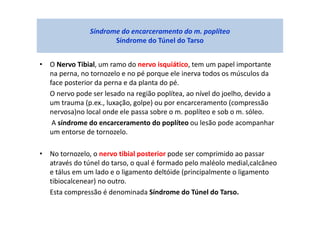 • O Nervo Tibial, um ramo do nervo isquiático, tem um papel importante
na perna, no tornozelo e no pé porque ele inerva todos os músculos da
face posterior da perna e da planta do pé.
O nervo pode ser lesado na região poplítea, ao nível do joelho, devido a
um trauma (p.ex., luxação, golpe) ou por encarceramento (compressão
nervosa)no local onde ele passa sobre o m. poplíteo e sob o m. sóleo.
A síndrome do encarceramento do poplíteo ou lesão pode acompanhar
um entorse de tornozelo.
• No tornozelo, o nervo tibial posterior pode ser comprimido ao passar
através do túnel do tarso, o qual é formado pelo maléolo medial,calcâneo
e tálus em um lado e o ligamento deltóide (principalmente o ligamento
tibiocalcenear) no outro.
Esta compressão é denominada Síndrome do Túnel do Tarso.
Síndrome do encarceramento do m. poplíteo
Síndrome do Túnel do Tarso
 
