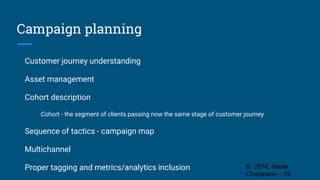 Campaign planning
Customer journey understanding
Asset management
Cohort description
Cohort - the segment of clients passing now the same stage of customer journey
Sequence of tactics - campaign map
Multichannel
Proper tagging and metrics/analytics inclusion © 2016, Alexei
Cherenkov -- 29
 